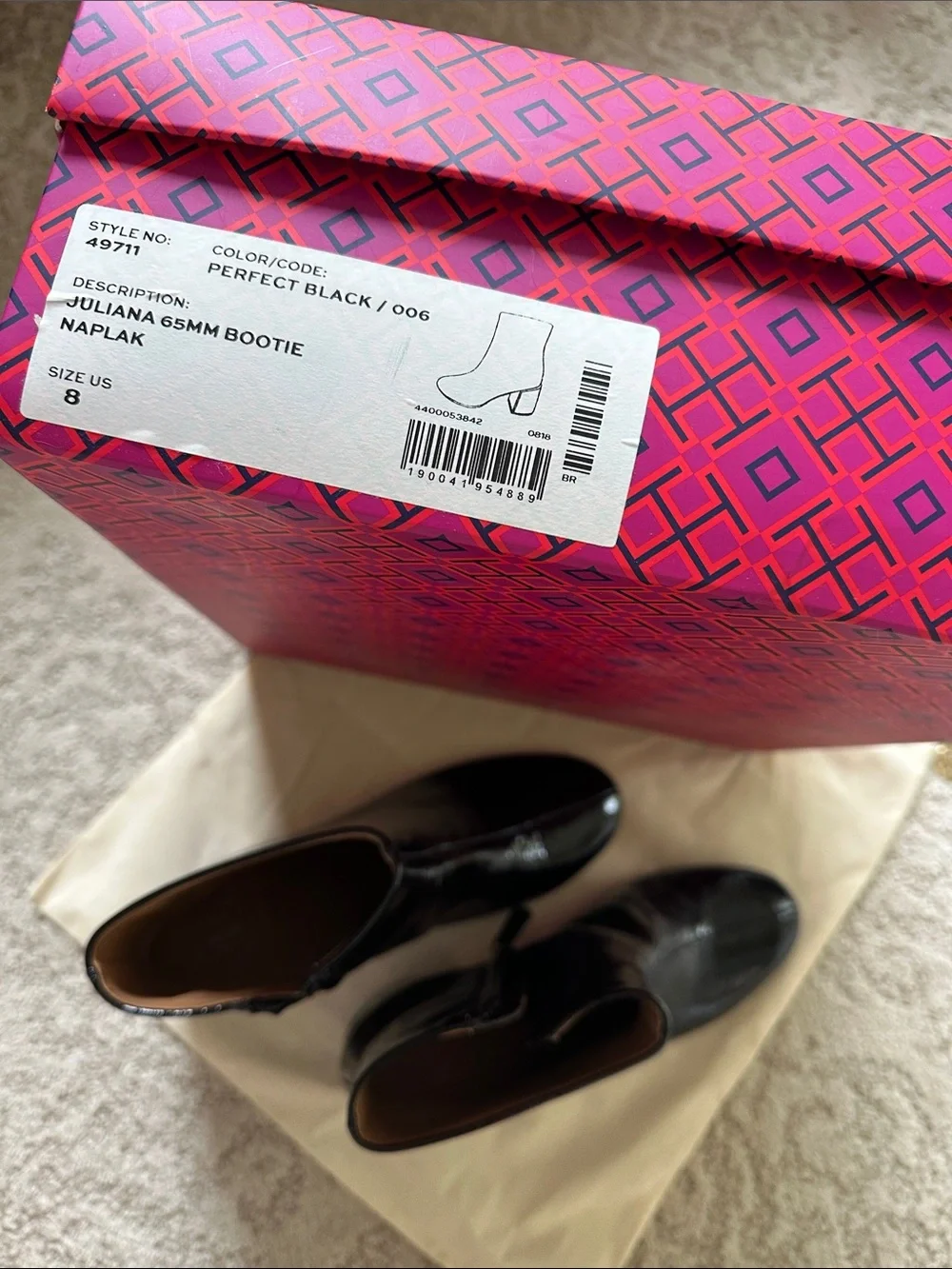 Tory Burch Black Patent Leather Block Heel Ankle Boots